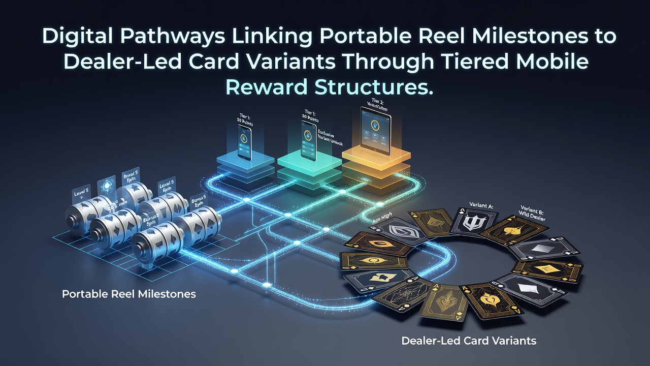 Mobile app interface showing slot machine progress bars connecting to live dealer card tables through reward tiers
