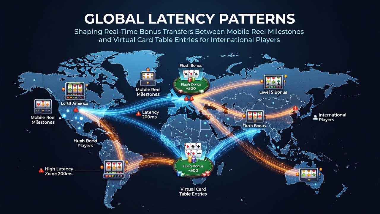 Global network map showing latency routes between mobile slot servers and live dealer platforms across continents