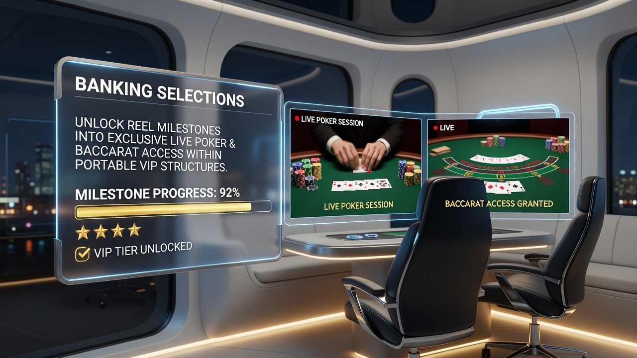 Mobile casino interface showing slot progress bars connecting to live poker and baccarat VIP tables