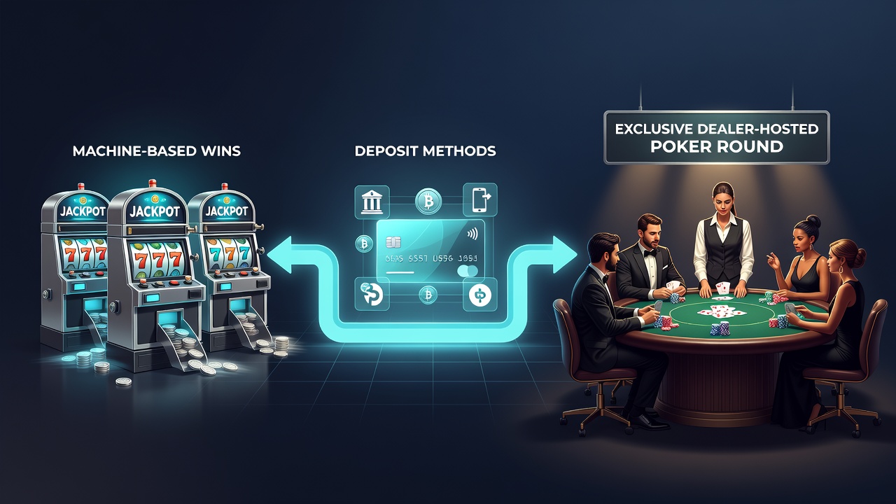 Live dealer poker table interface accessible after mobile deposit and slot progression