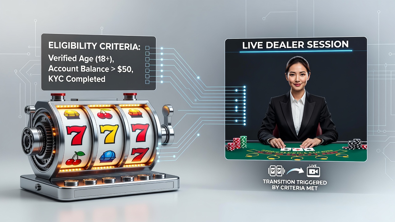 Mobile app interface showing slot machine reels transitioning to a live dealer table with eligibility progress indicators