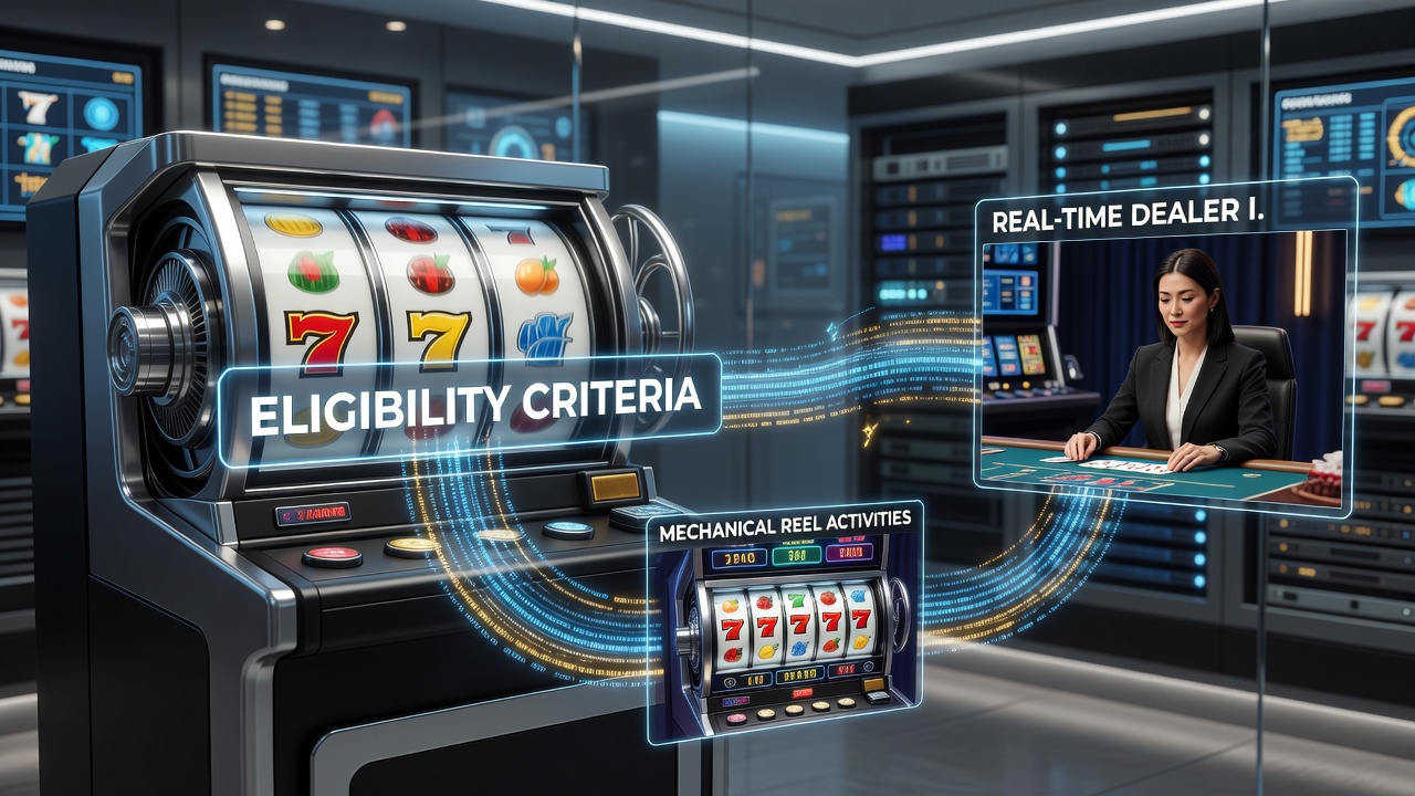 Flowchart diagram illustrating eligibility criteria flow from slot reels to live dealer tables in a betting app