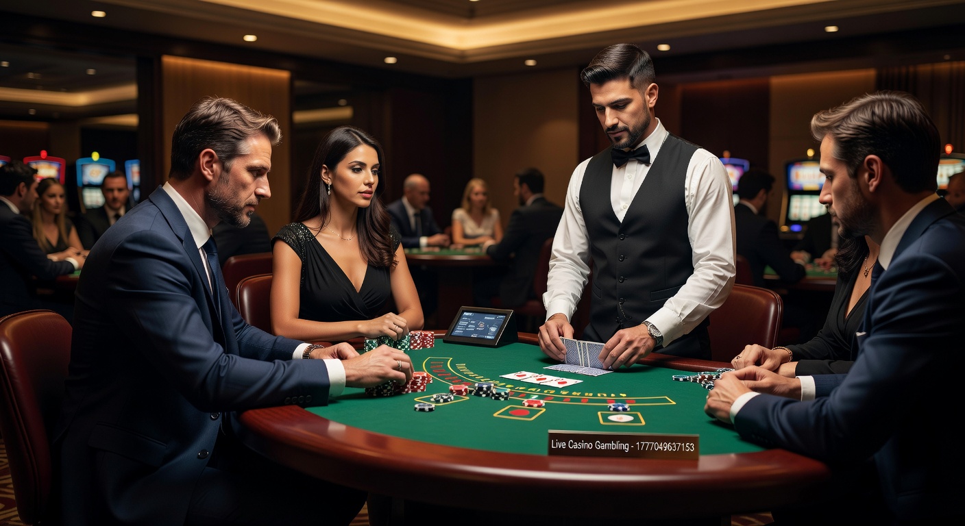 High-tech live casino studio with dealers at multiple blackjack and baccarat tables, surrounded by cameras, monitors, and betting interfaces glowing on screens