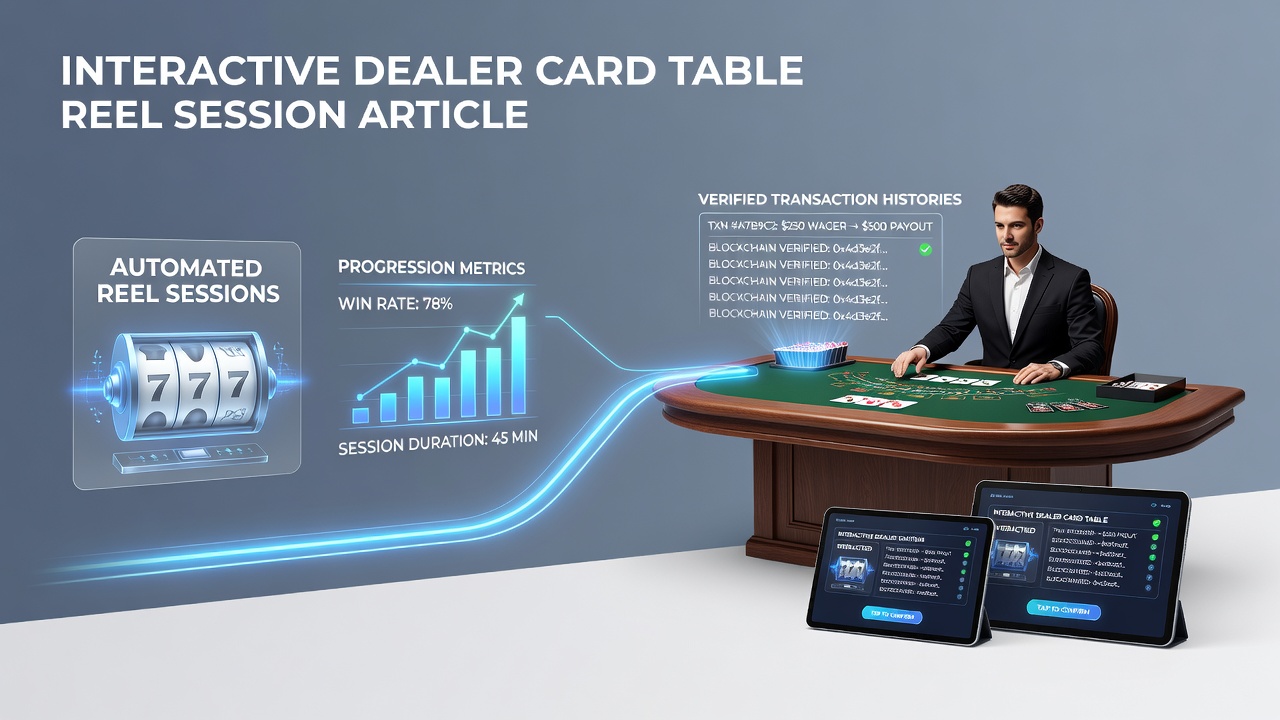 Mobile casino interface showing slot reels transitioning to live dealer card tables with transaction verification overlays