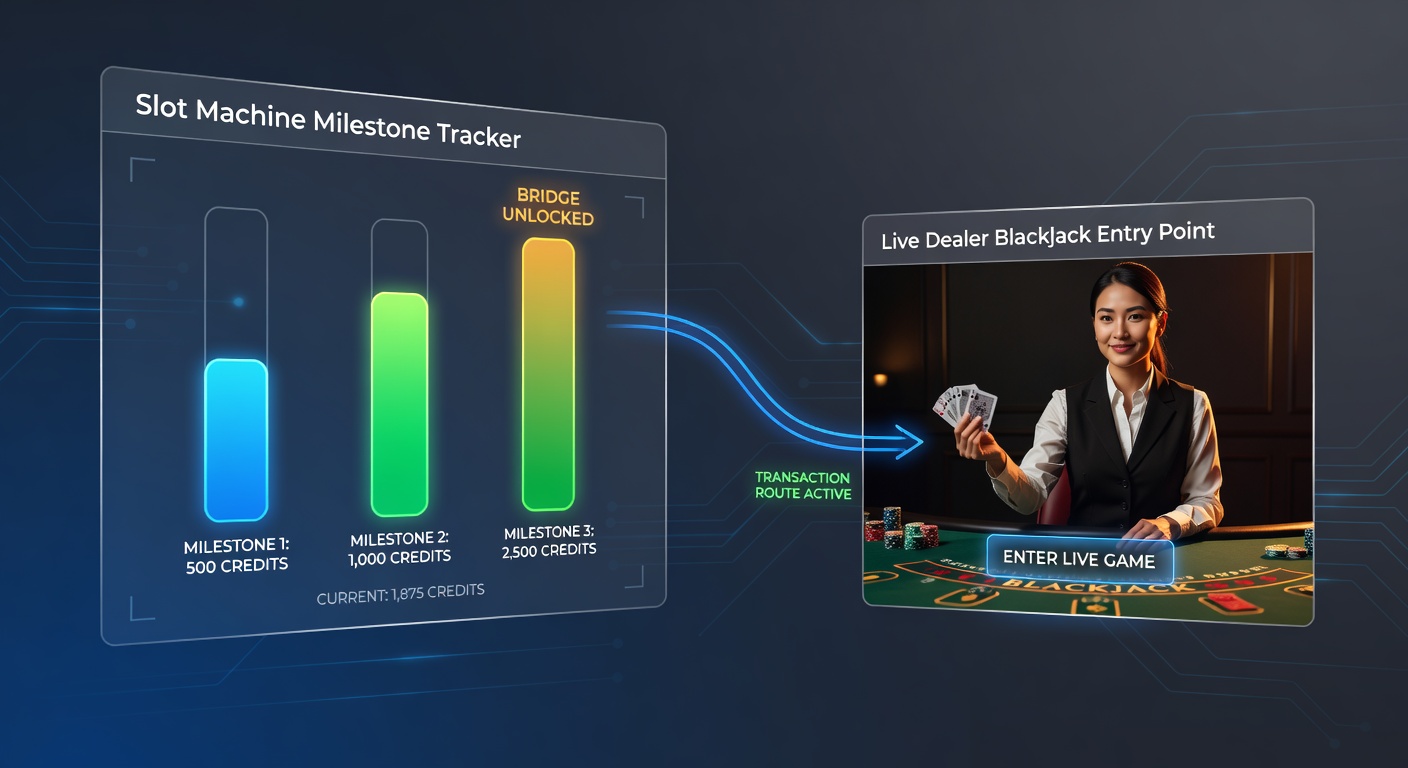 Flow diagram of mobile transaction routes linking slots progress to live blackjack access