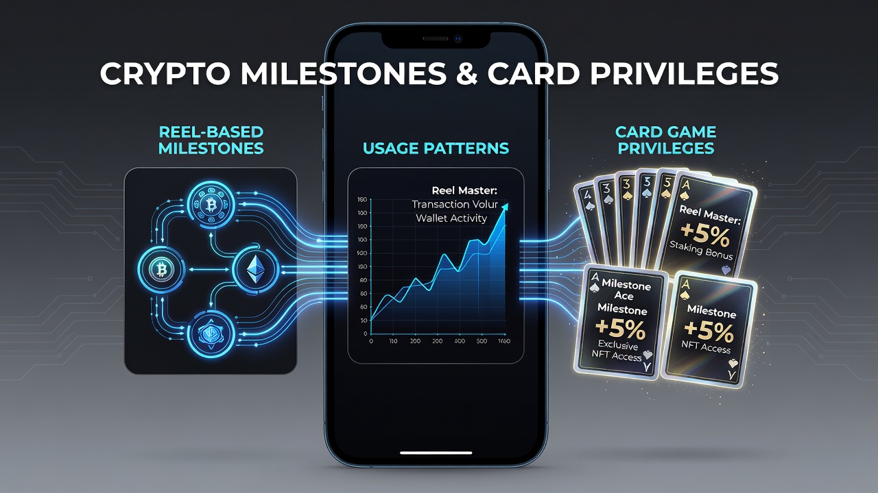 Mobile app interface displaying linked progress bars from slot reels to unlocked card game privileges via crypto wallet
