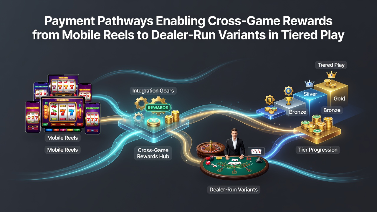Diagram showing reward flow from mobile reels through payment processors to live dealer tables in player club environments