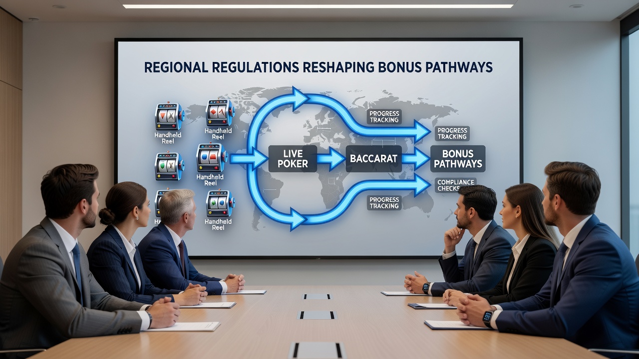 Diagram showing how regulations link mobile reel progress to live poker and baccarat bonuses across borders