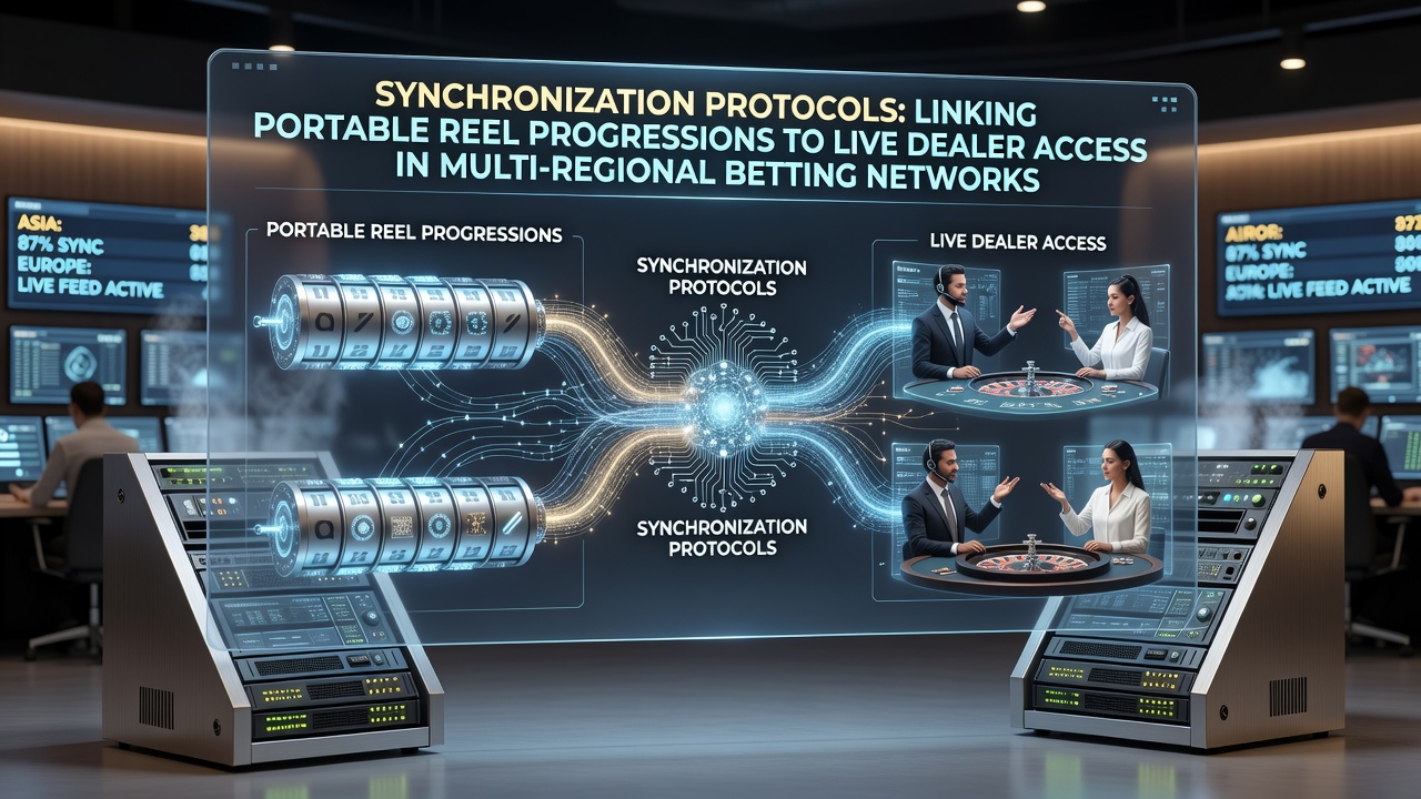 Technical diagram showing synchronization protocols between mobile slot progressions and live dealer platforms across regions