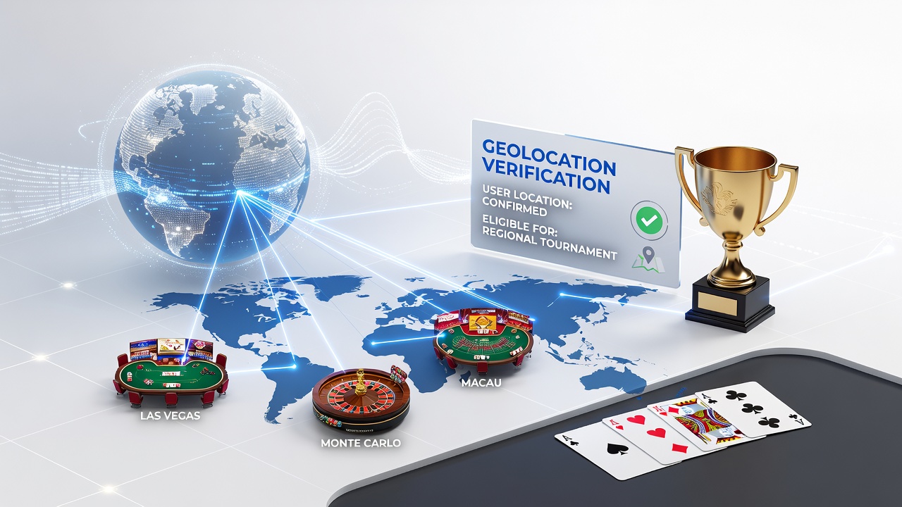 Geolocation technology interface showing regional boundaries for table game tournament access on a digital map